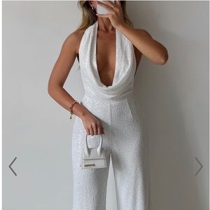 SHOWPO JULIEN BACKLESS WIDE LEG COWL NECK SEQUIN JUMPSUIT IN WHITE, SIZE 2